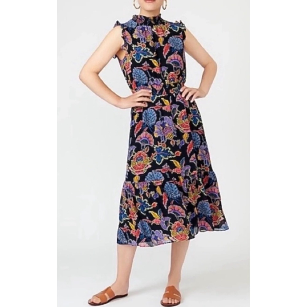 J.Crew Chiffon Paisley Navy Blue Floral Smocked Ruffle Tiered Maxi Dress XL